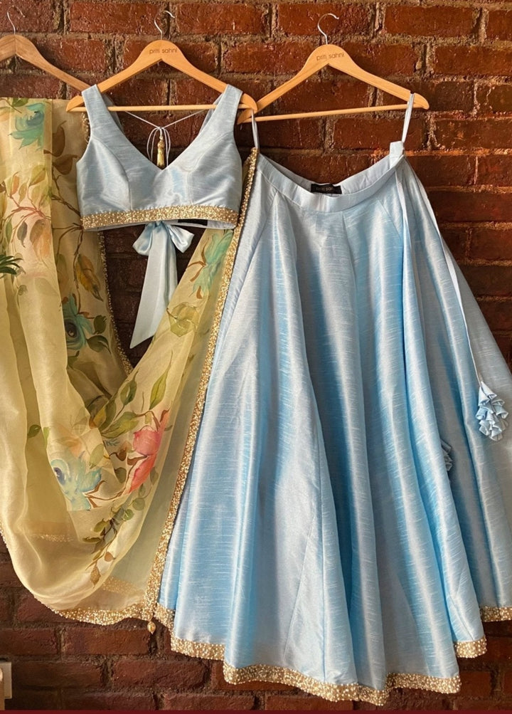Sky Blue Silk Lehenga Set With Printed Dupatta Priti Sahni - Fabilicious Fashion