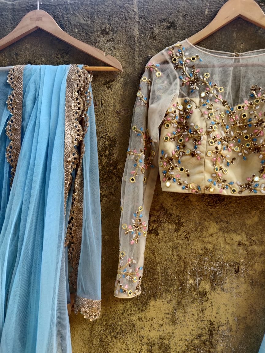 Sky Blue Silk Lehenga with Beige Mirror and Resham Work Blouse Priti Sahni - Fabilicious Fashion
