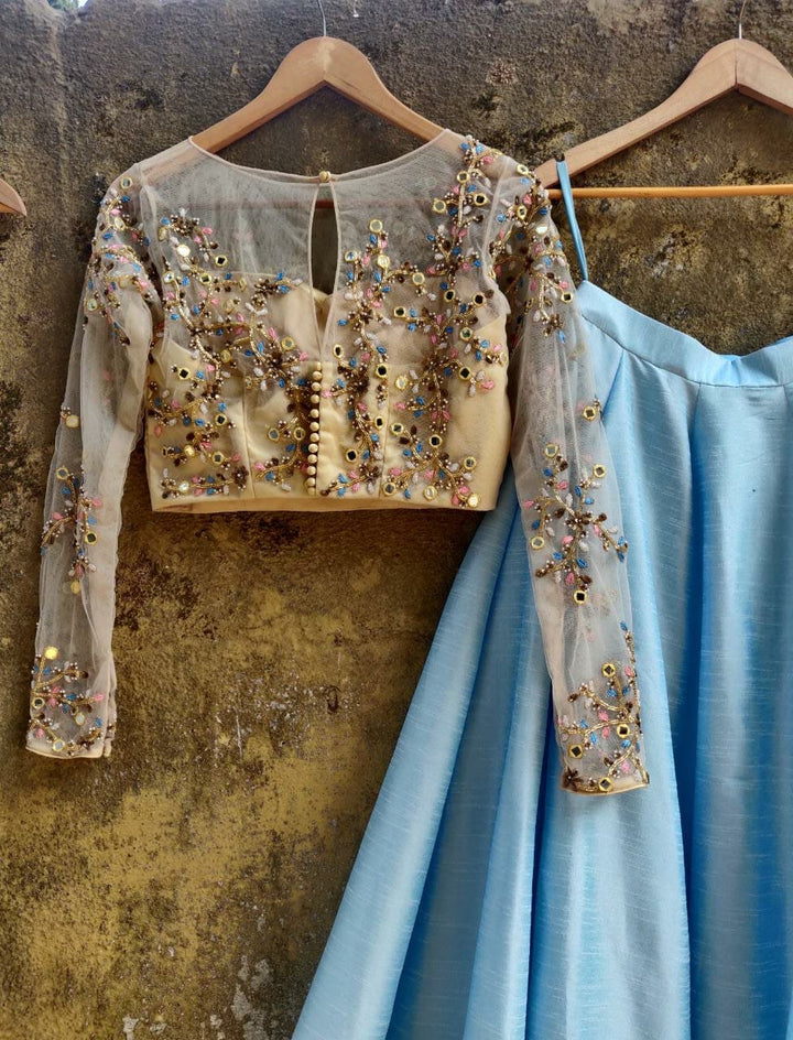 Sky Blue Silk Lehenga with Beige Mirror and Resham Work Blouse Priti Sahni - Fabilicious Fashion