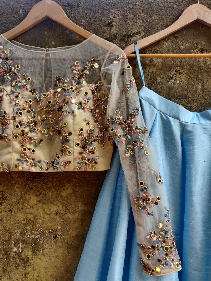 Sky Blue Silk Lehenga with Beige Mirror and Resham Work Blouse Priti Sahni - Fabilicious Fashion