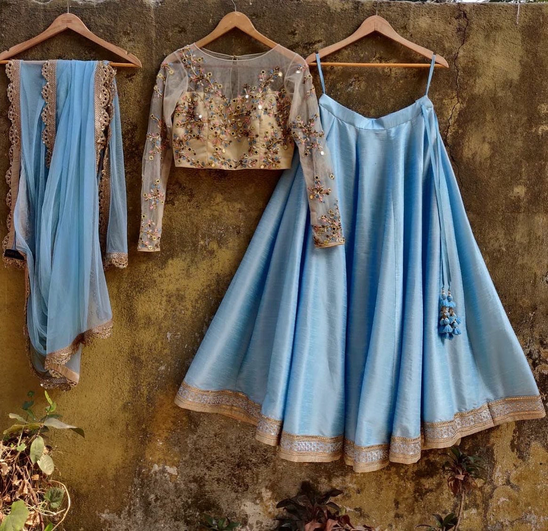 Sky Blue Silk Lehenga with Beige Mirror and Resham Work Blouse Priti Sahni - Fabilicious Fashion