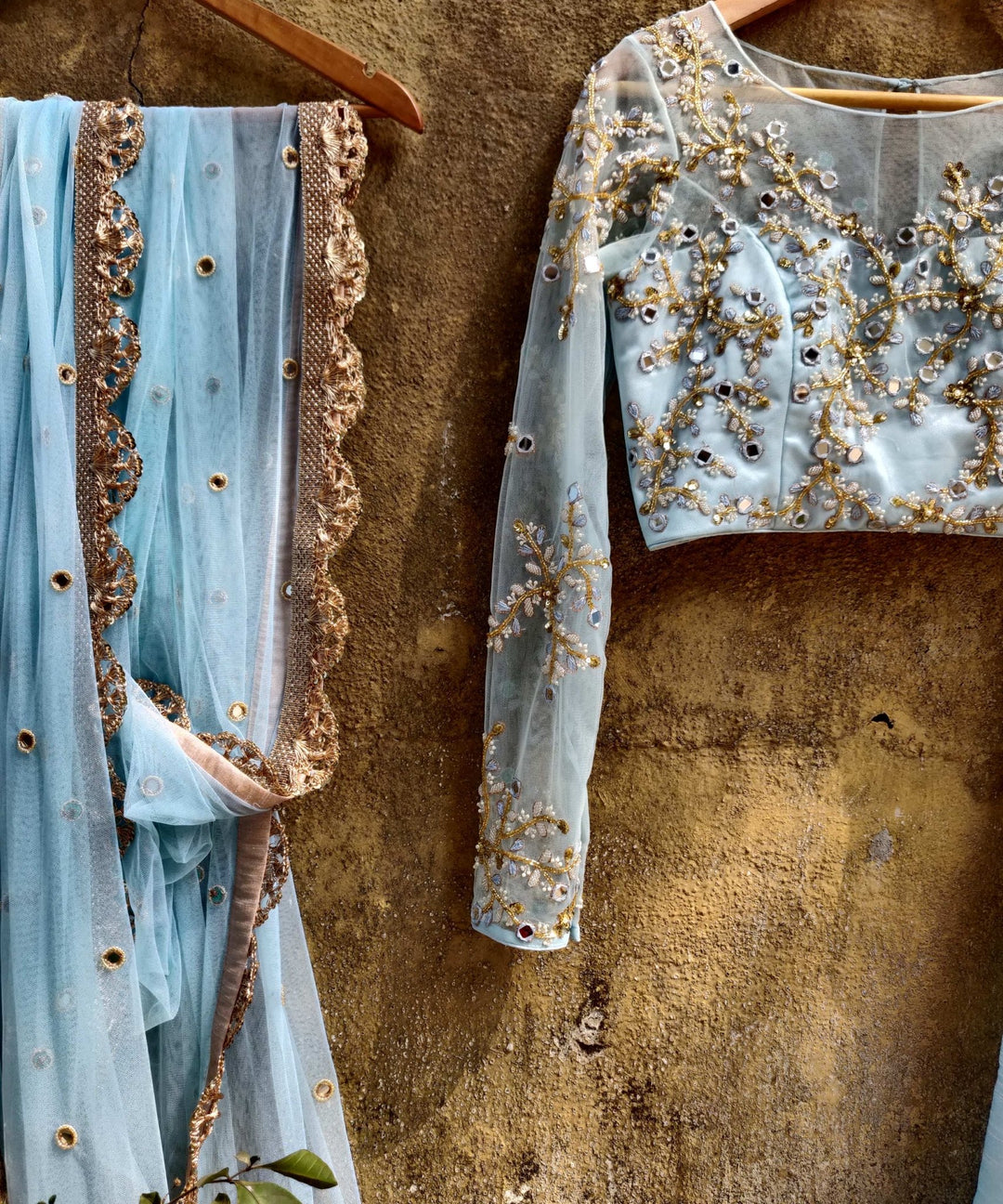 Sky Blue Silk Lehenga with Sky Blue Mirror and ThreadWork Blouse Priti Sahni - Fabilicious Fashion