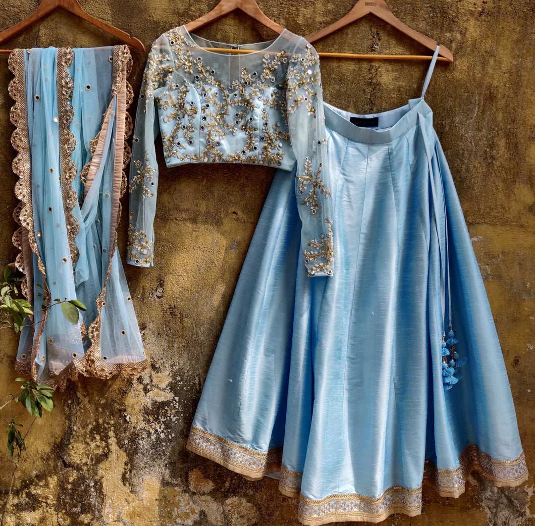 Sky Blue Silk Lehenga with Sky Blue Mirror and ThreadWork Blouse Priti Sahni - Fabilicious Fashion