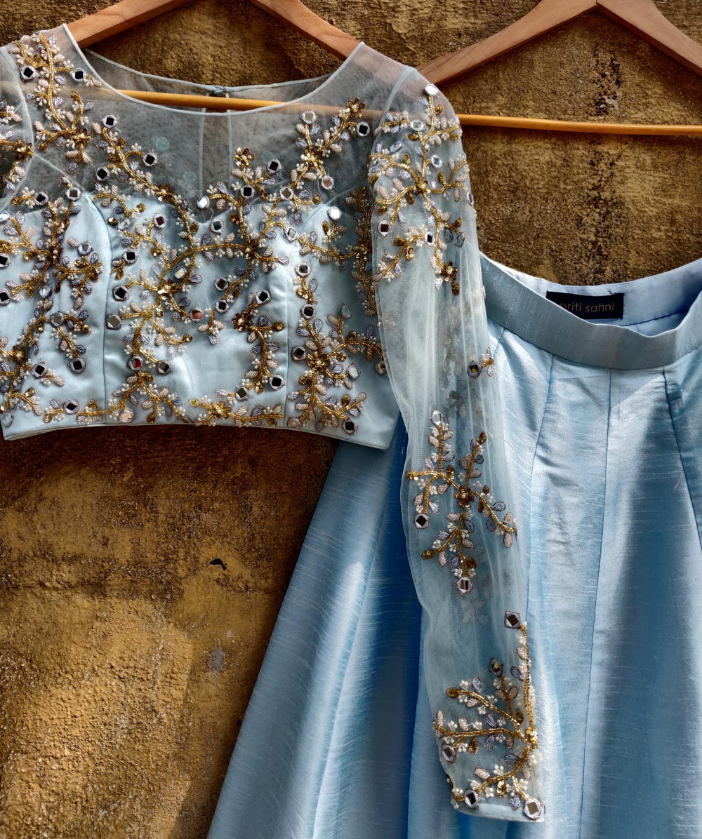 Sky Blue Silk Lehenga with Sky Blue Mirror and ThreadWork Blouse Priti Sahni - Fabilicious Fashion