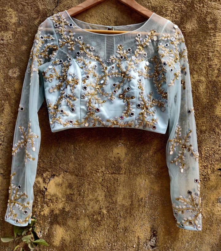 Sky Blue Silk Lehenga with Sky Blue Mirror and ThreadWork Blouse Priti Sahni - Fabilicious Fashion