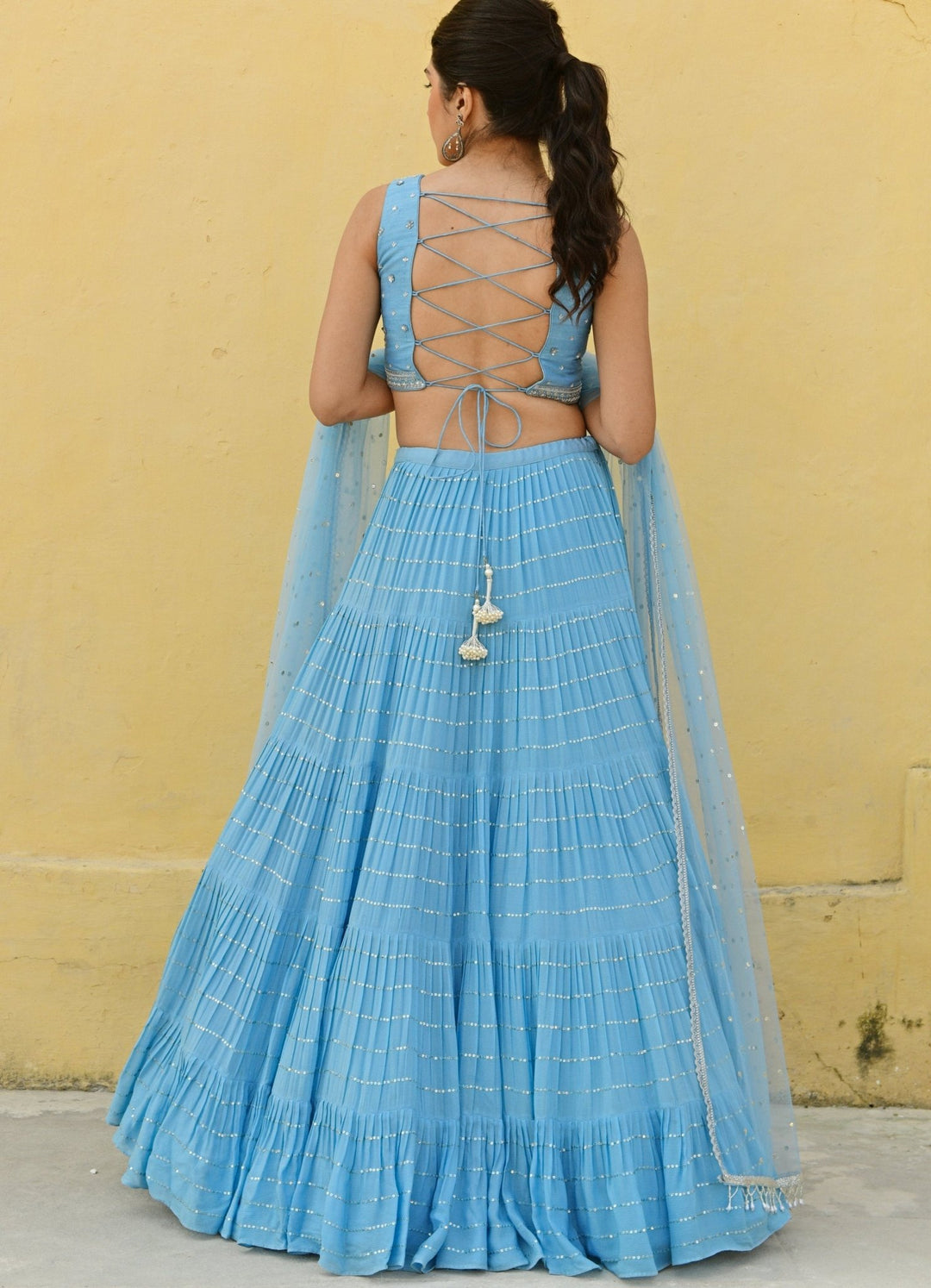 Sky Blue Tiered Lehenga With Embroidered Lehenga Set Chamee n Palak - Fabilicious Fashion