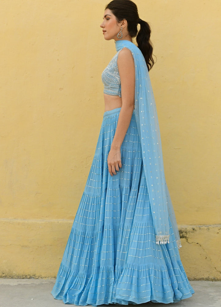 Sky Blue Tiered Lehenga With Embroidered Lehenga Set Chamee n Palak - Fabilicious Fashion