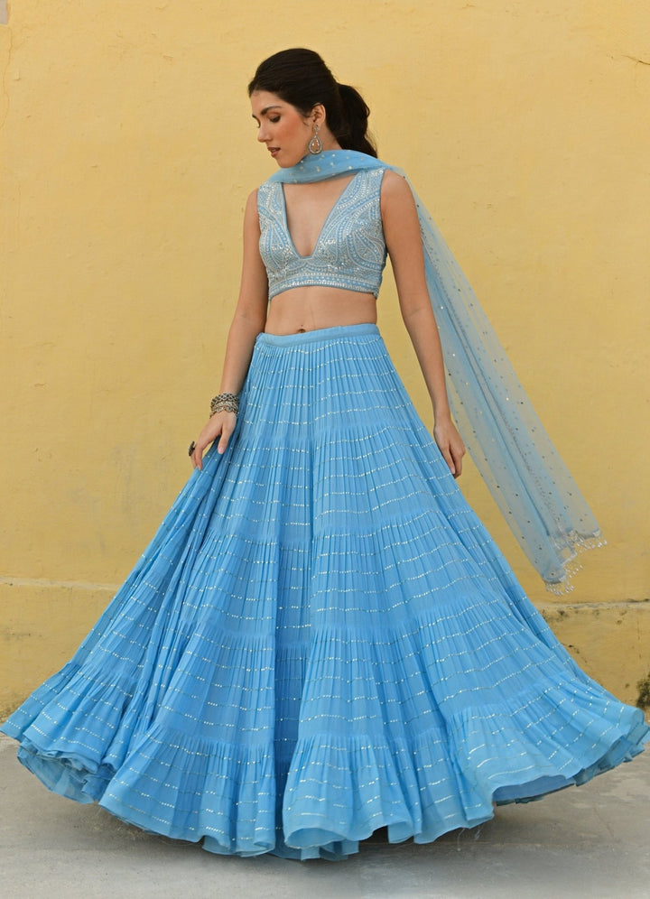 Sky Blue Tiered Lehenga With Embroidered Lehenga Set Chamee n Palak - Fabilicious Fashion