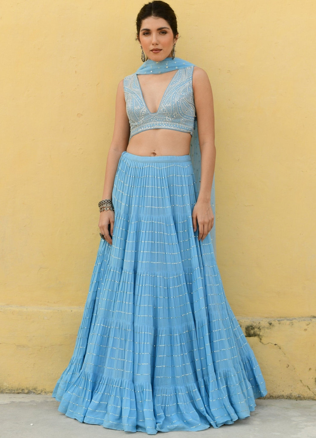 Sky Blue Tiered Lehenga With Embroidered Lehenga Set Chamee n Palak - Fabilicious Fashion