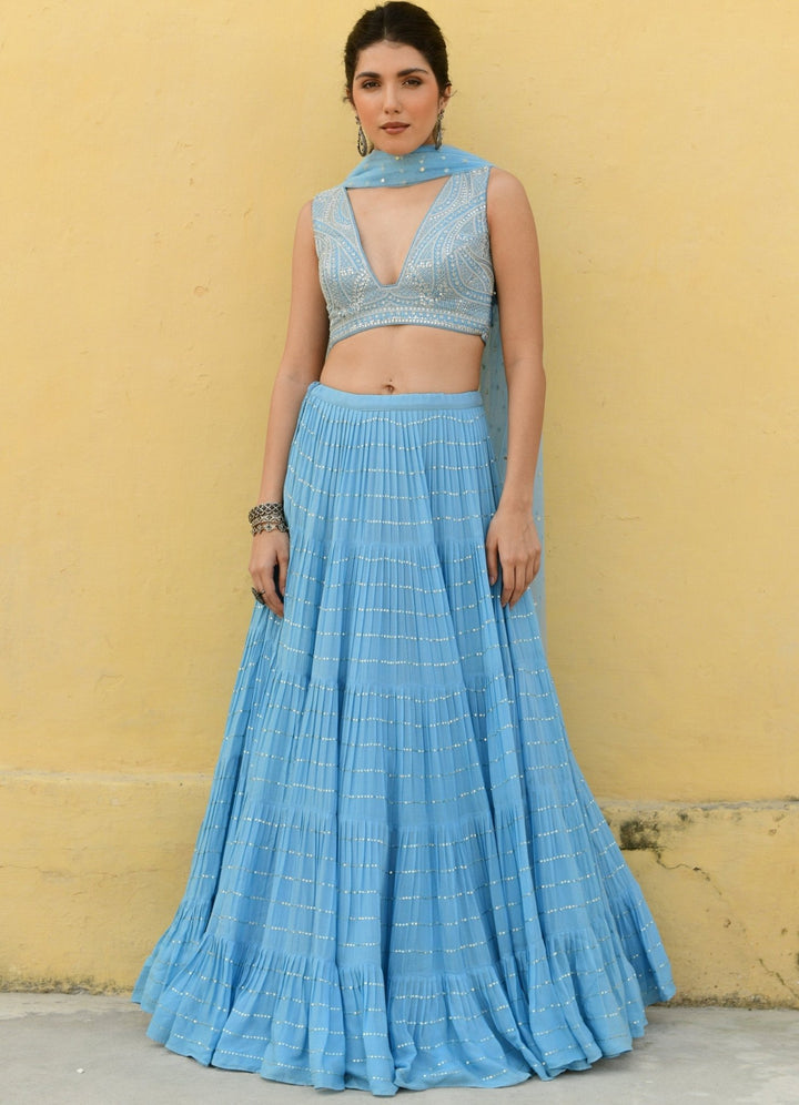 Sky Blue Tiered Lehenga With Embroidered Lehenga Set Chamee n Palak - Fabilicious Fashion