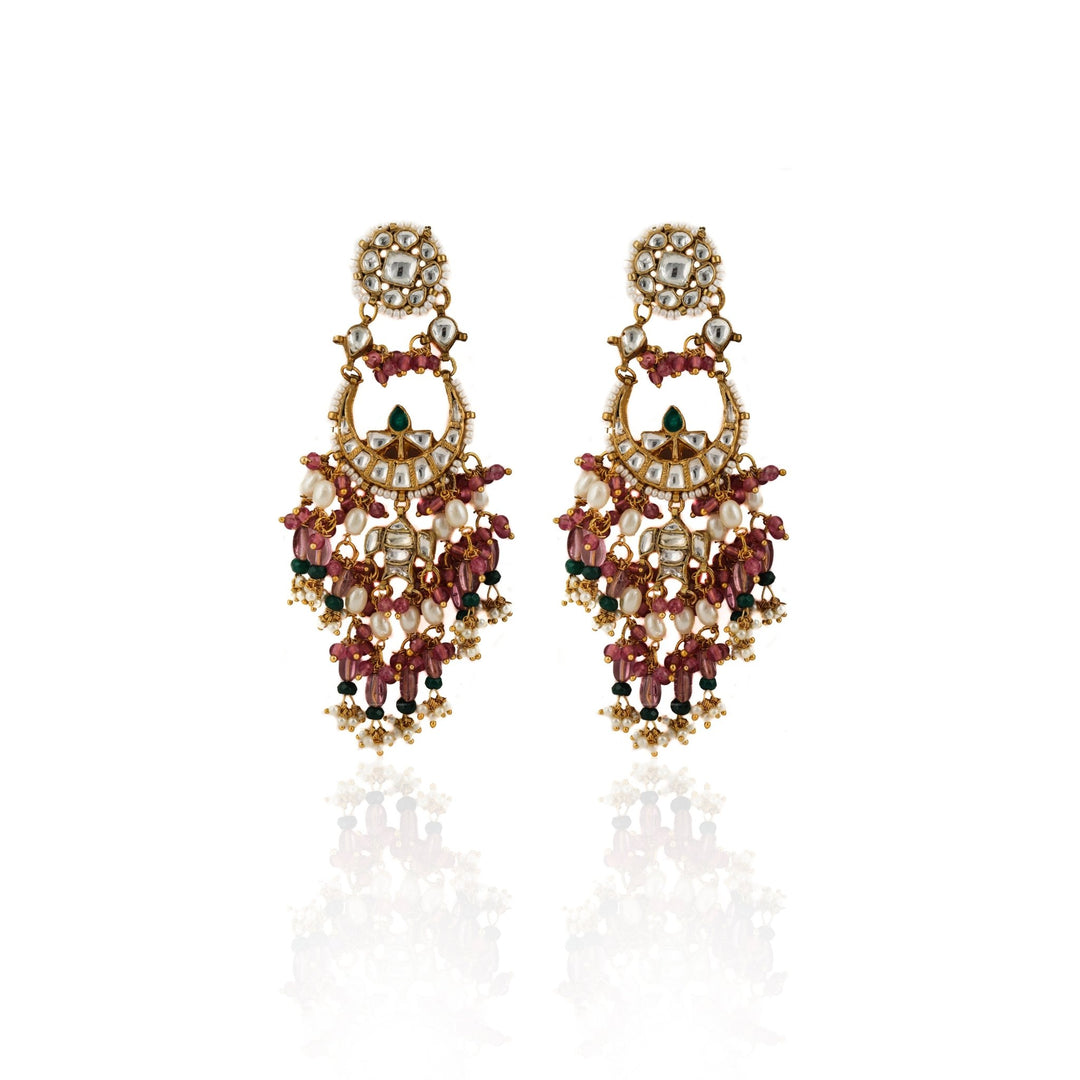 Small Chand Baalis Earrings With Light Pink Beads And Small Green Beads Riana by Shikha Jindal - Fabilicious Fashion