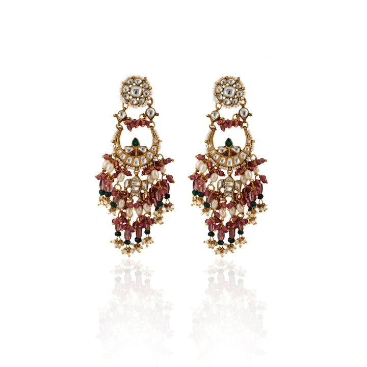 Small Chand Baalis Earrings With Light Pink Beads And Small Green Beads Riana by Shikha Jindal - Fabilicious Fashion