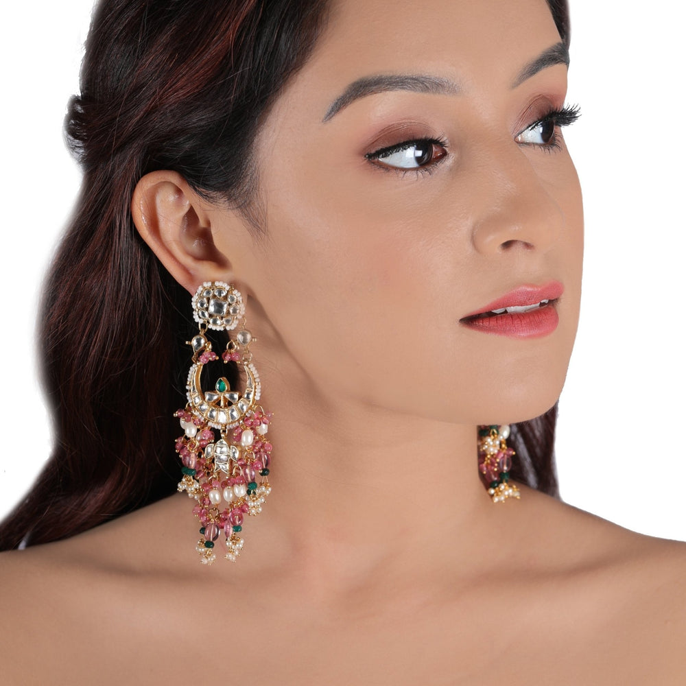 Small Chand Baalis Earrings With Light Pink Beads And Small Green Beads Riana by Shikha Jindal - Fabilicious Fashion