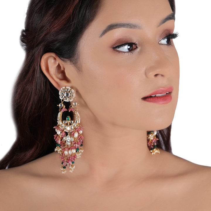 Small Chand Baalis Earrings With Light Pink Beads And Small Green Beads Riana by Shikha Jindal - Fabilicious Fashion