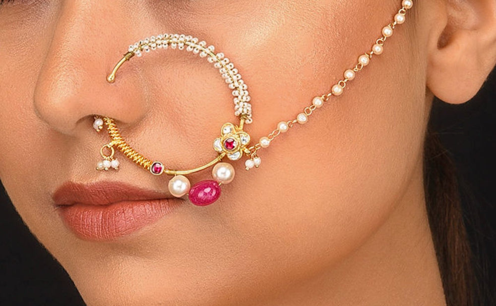 Small Flower Nath With Pearl And Ruby Beads Riana by Shikha Jindal - Fabilicious Fashion