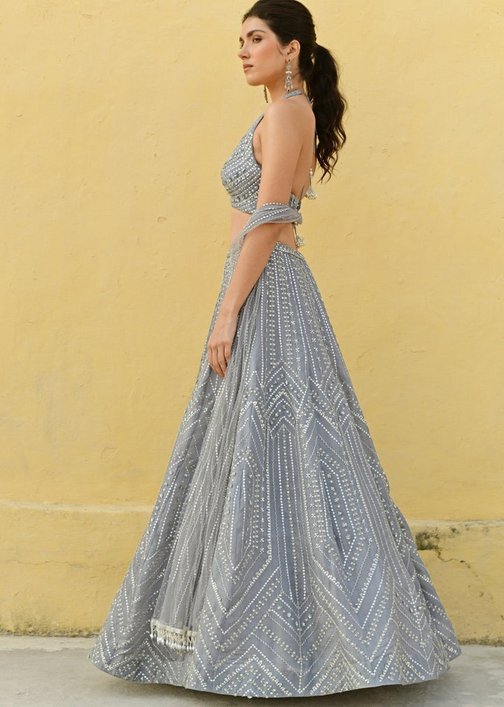 Chamee and Palak Smoky Grey Zardosi And Kundan Embroidered Lehenga SetFabilicious Fashion