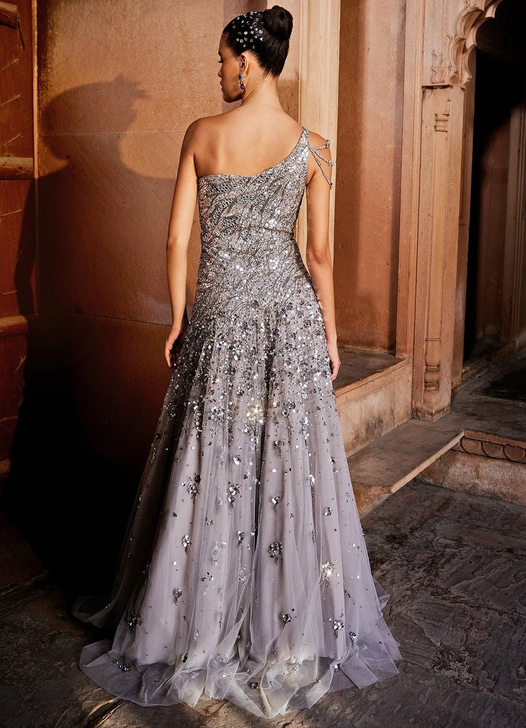 Smouldering Grey One Shoulder Embellished Net Gown Prevasu - Fabilicious Fashion
