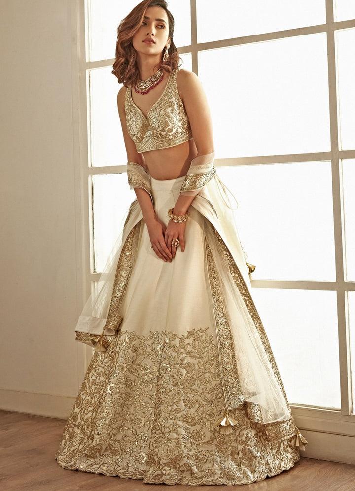 Snow White and Gold Embroidered Lehenga Set Studio Iris - Fabilicious Fashion