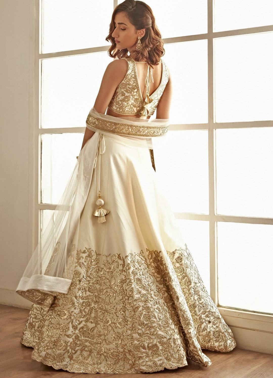Snow White and Gold Embroidered Lehenga Set Studio Iris - Fabilicious Fashion