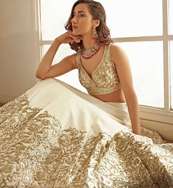 Snow White and Gold Embroidered Lehenga Set Studio Iris - Fabilicious Fashion