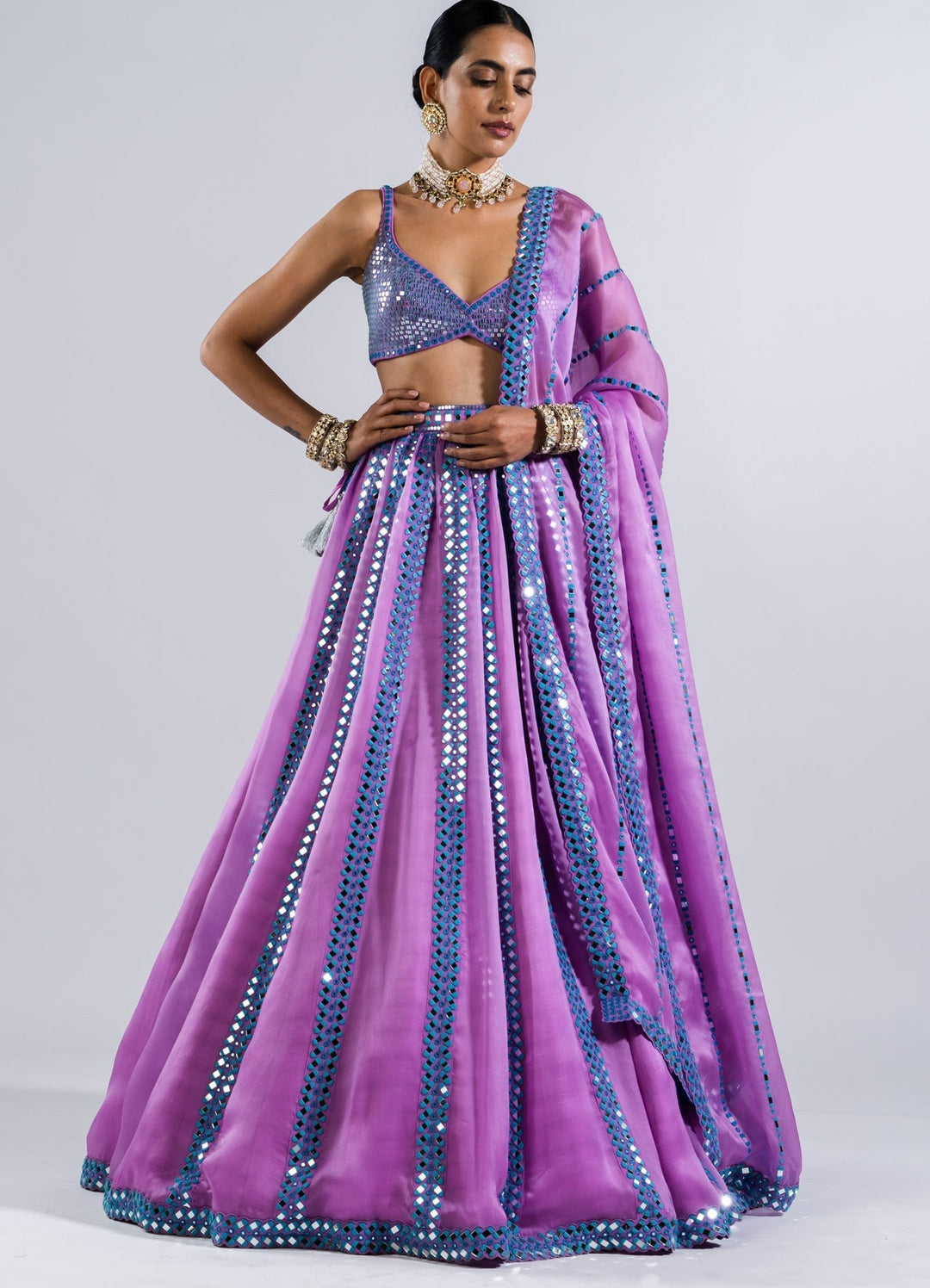 Soft Lilac Mirror Single Linear Lehenga With Metallic Blouse Vvani by Vani Vats - Fabilicious Fashion