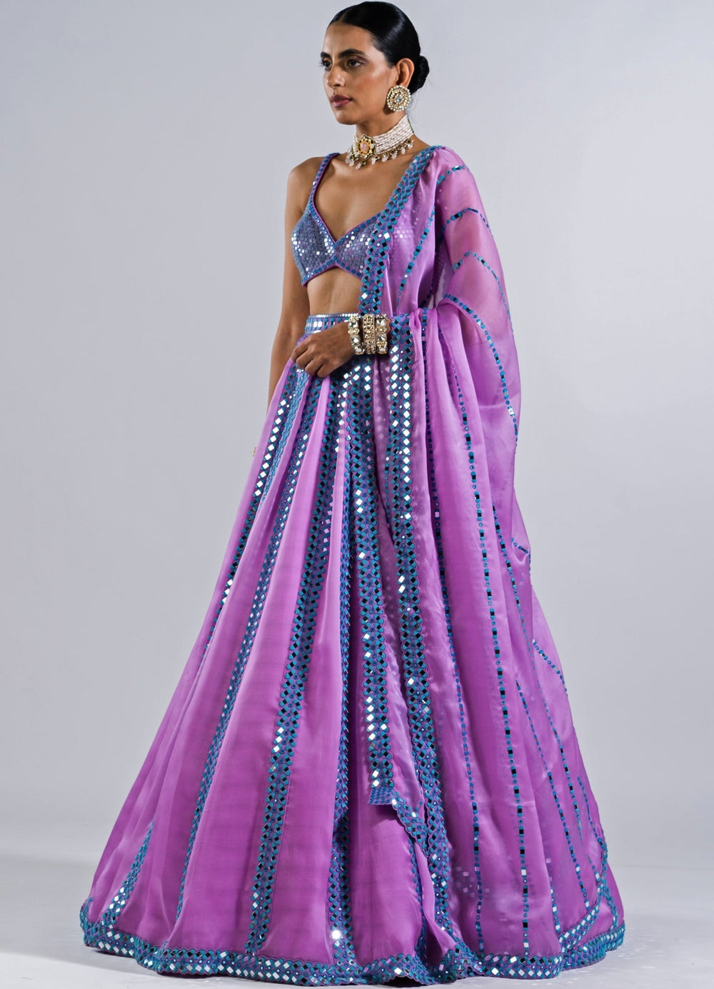 Soft Lilac Mirror Single Linear Lehenga With Metallic Blouse Vvani by Vani Vats - Fabilicious Fashion