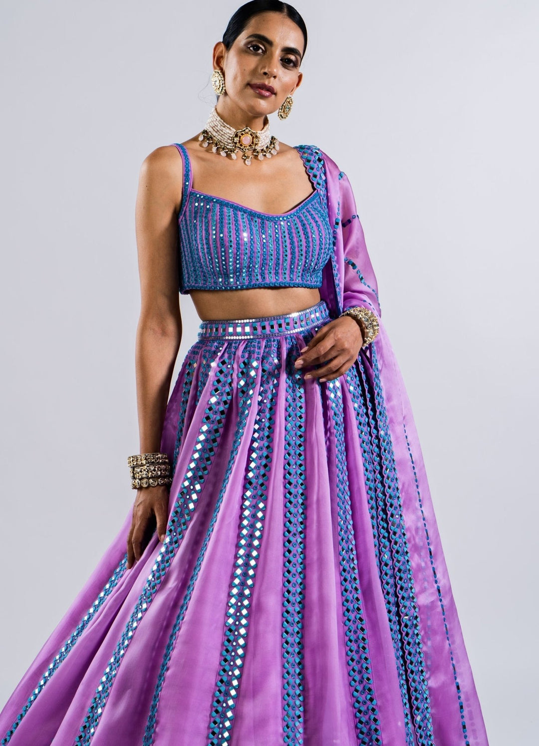 Soft Lilac Mirror Single Linear Lehenga With Strappy Mirror Blouse Vvani by Vani Vats - Fabilicious Fashion