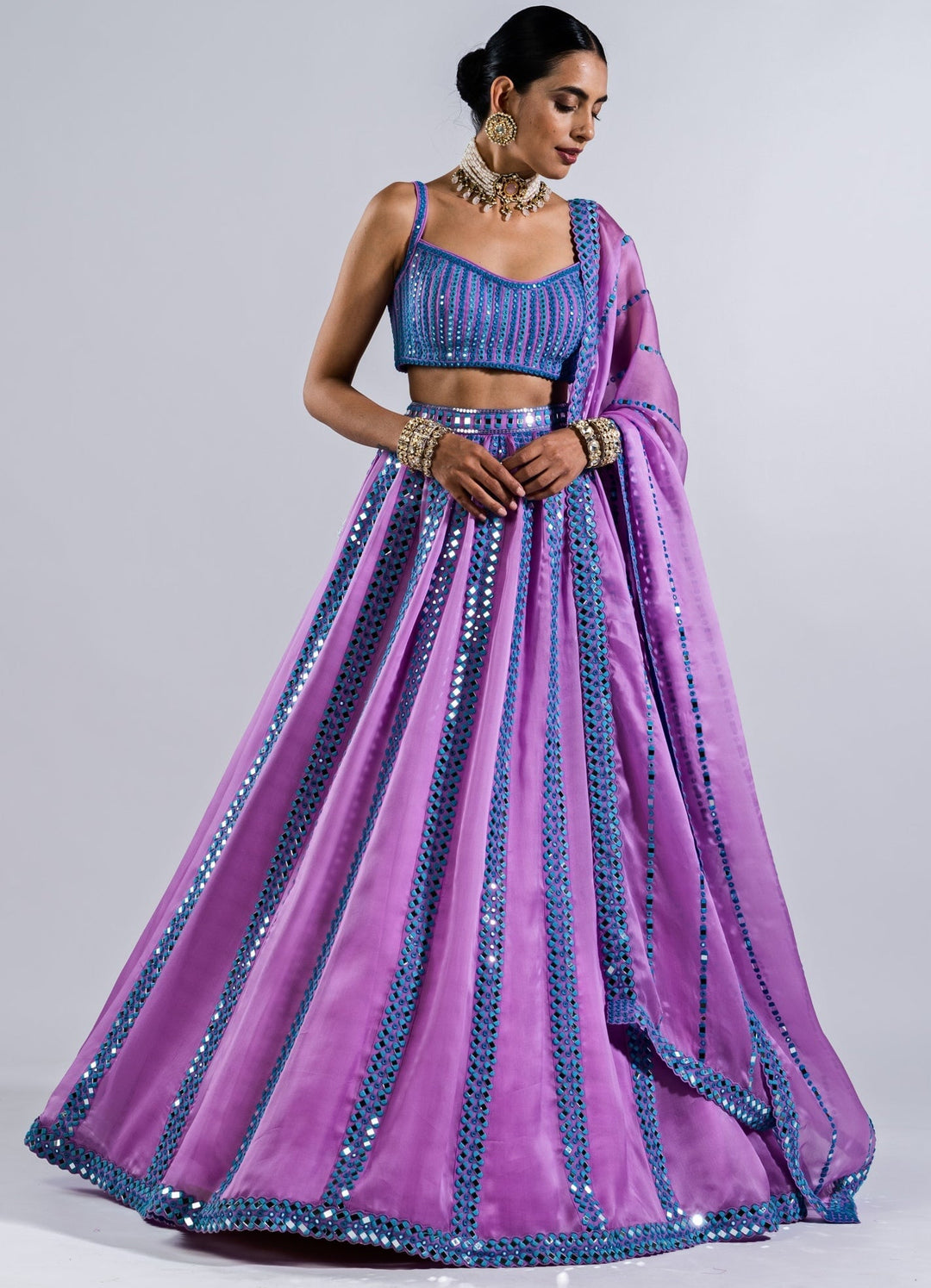 Soft Lilac Mirror Single Linear Lehenga With Strappy Mirror Blouse Vvani by Vani Vats - Fabilicious Fashion