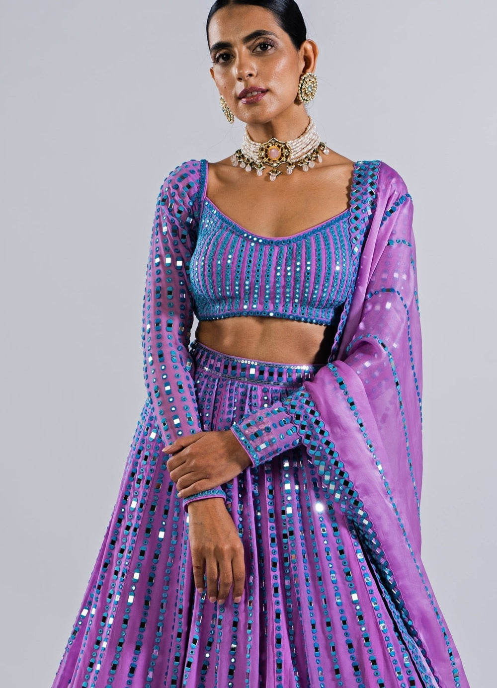 Soft Lilac Multi Linear Mirror Lehenga With Full Sleeves Blouse Vvani by Vani Vats - Fabilicious Fashion