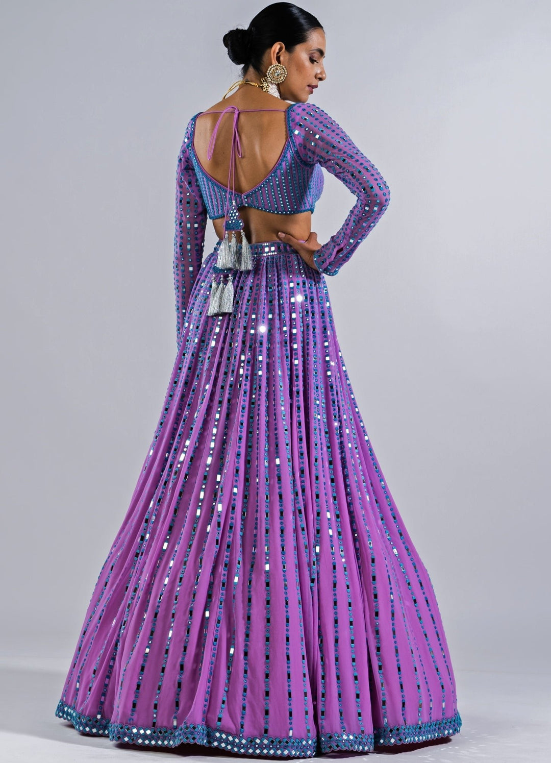 Soft Lilac Multi Linear Mirror Lehenga With Full Sleeves Blouse Vvani by Vani Vats - Fabilicious Fashion