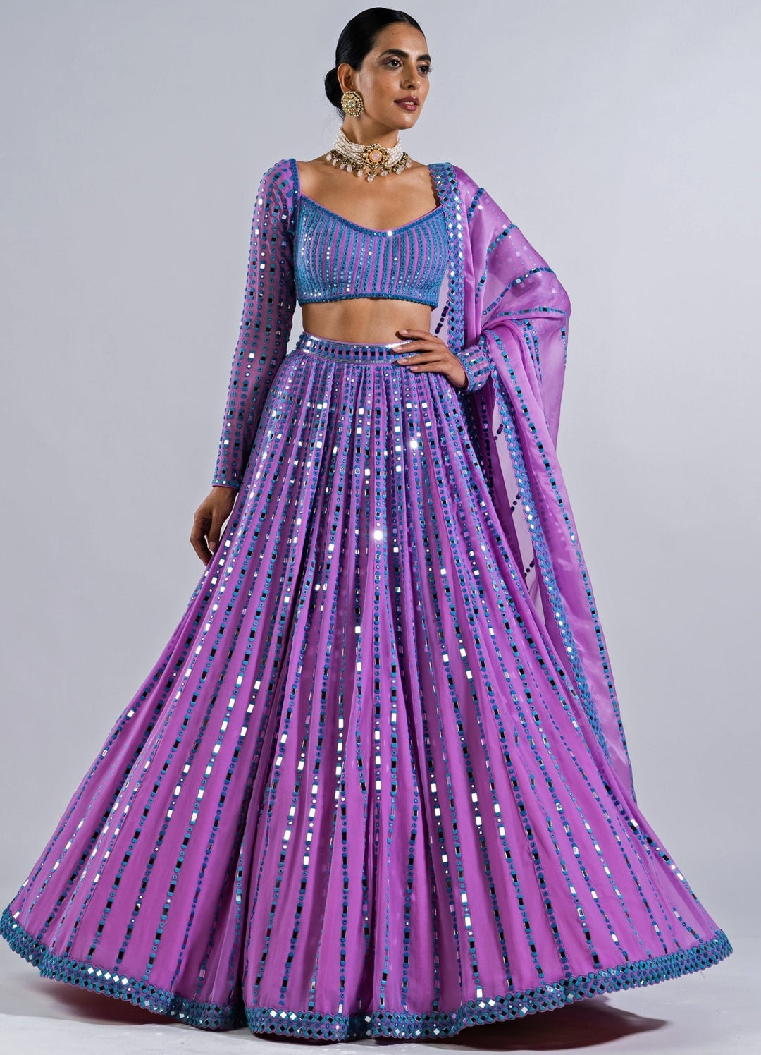 Soft Lilac Multi Linear Mirror Lehenga With Full Sleeves Blouse Vvani by Vani Vats - Fabilicious Fashion