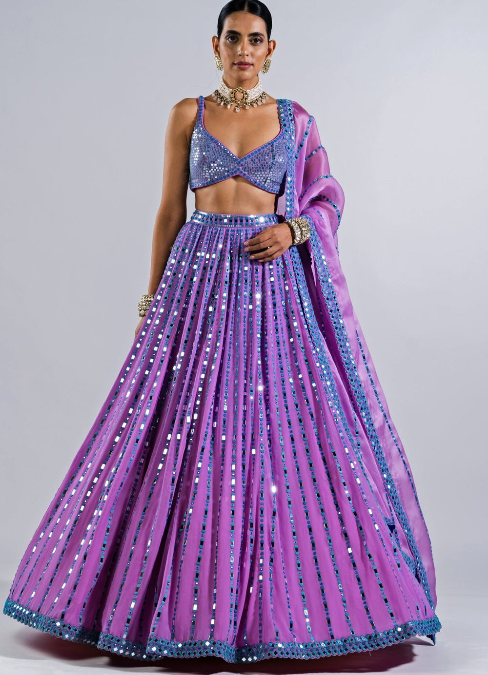Soft Lilac Multi Linear Mirror Lehenga With Metallic Sequinned Blouse Vvani by Vani Vats - Fabilicious Fashion