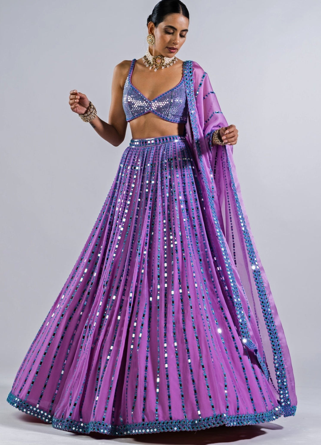 Soft Lilac Multi Linear Mirror Lehenga With Metallic Sequinned Blouse Vvani by Vani Vats - Fabilicious Fashion