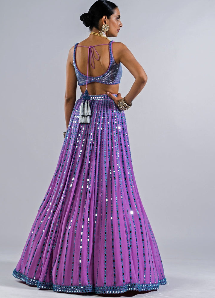 Soft Lilac Multi Linear Mirror Lehenga With Metallic Sequinned Blouse Vvani by Vani Vats - Fabilicious Fashion