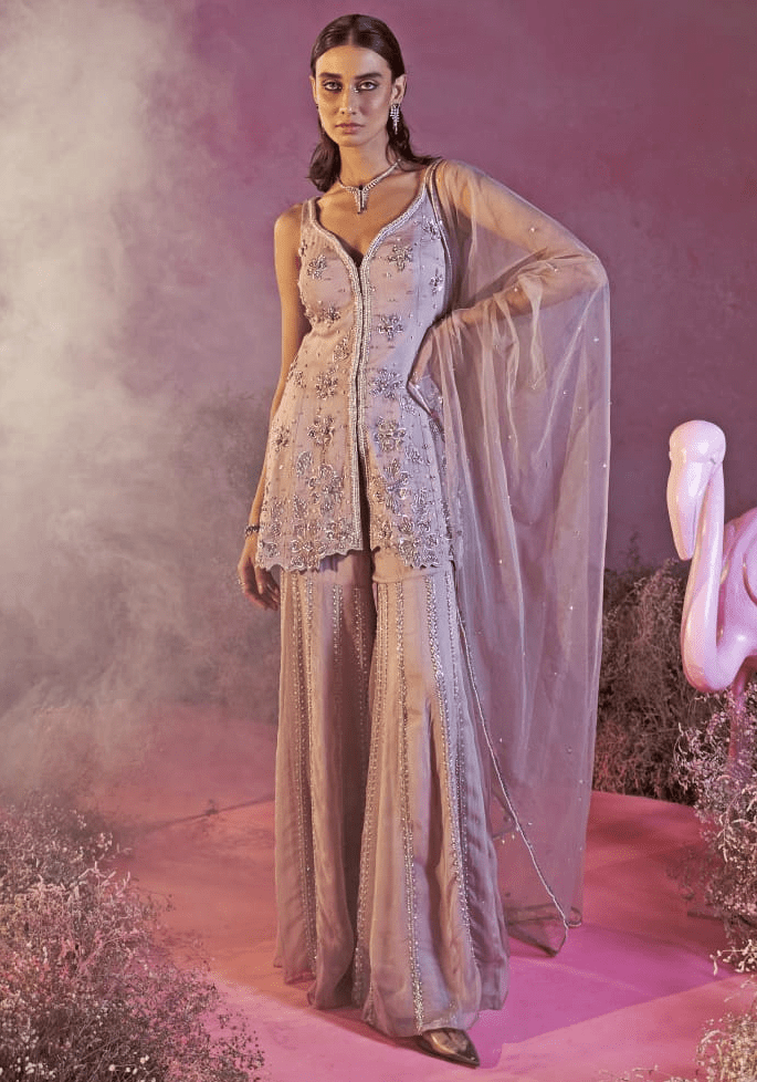Soft Lilac Organza Embroidered Sharara Set Parul Gandhi - Fabilicious Fashion