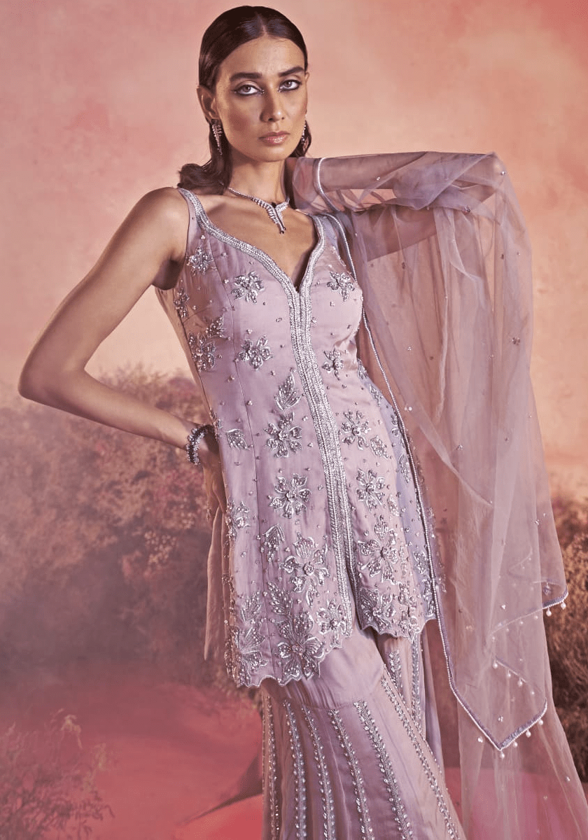 Soft Lilac Organza Embroidered Sharara Set Parul Gandhi - Fabilicious Fashion
