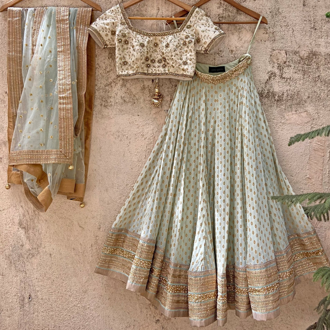 Soft Mint Green and Ivory Embroidered Lehenga Set Priti Sahni - Fabilicious Fashion