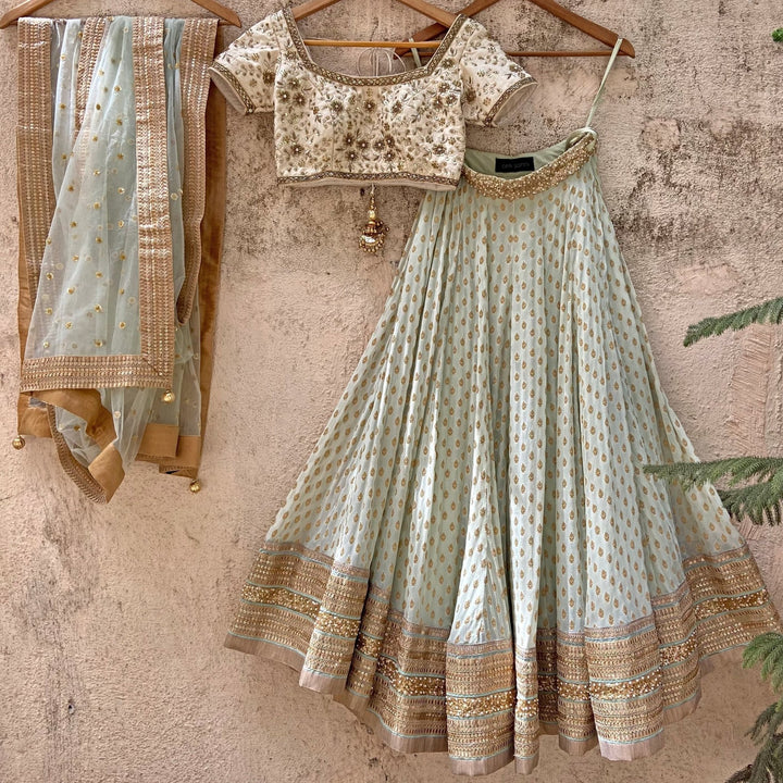 Soft Mint Green and Ivory Embroidered Lehenga Set Priti Sahni - Fabilicious Fashion