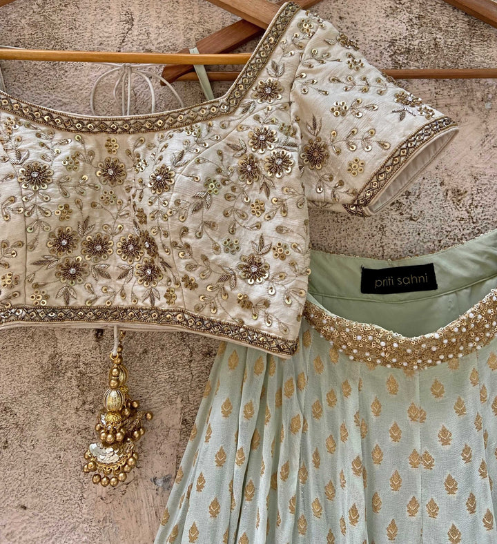 Soft Mint Green and Ivory Embroidered Lehenga Set Priti Sahni - Fabilicious Fashion