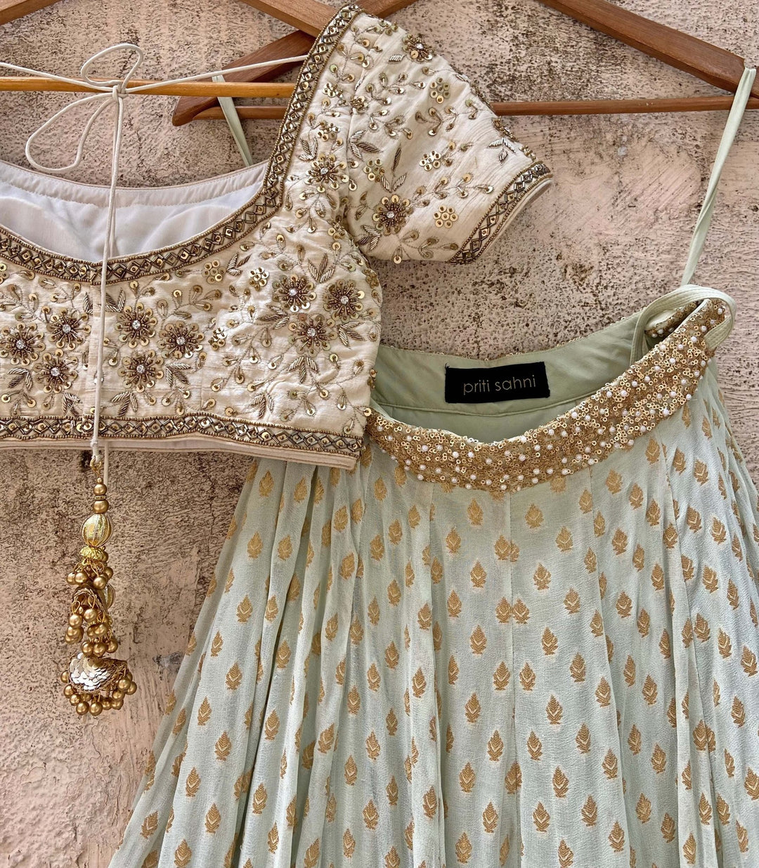 Soft Mint Green and Ivory Embroidered Lehenga Set Priti Sahni - Fabilicious Fashion