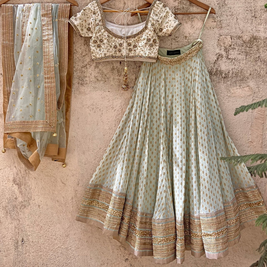 Soft Mint Green and Ivory Embroidered Lehenga Set Priti Sahni - Fabilicious Fashion