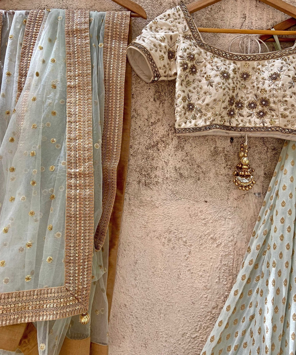 Soft Mint Green and Ivory Embroidered Lehenga Set Priti Sahni - Fabilicious Fashion