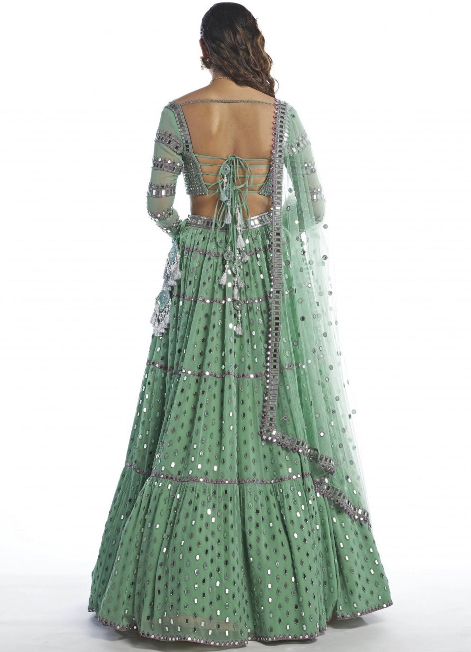 Soft Mint Tiered Lehenga Set Vvani by Vani Vats - Fabilicious Fashion