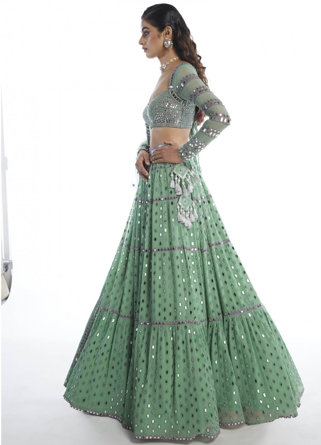 Soft Mint Tiered Lehenga Set Vvani by Vani Vats - Fabilicious Fashion