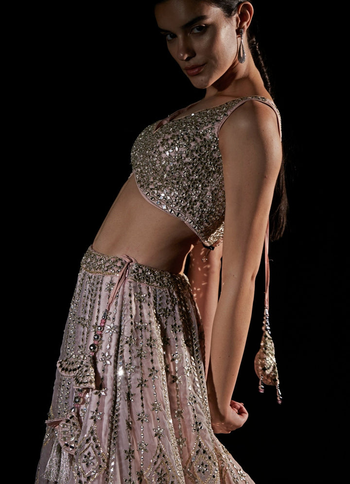 Soft Peach Organza Mirrorwork Lehenga Set Angad Singh - Fabilicious Fashion