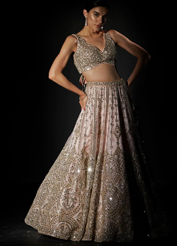 Soft Peach Organza Mirrorwork Lehenga Set Angad Singh - Fabilicious Fashion