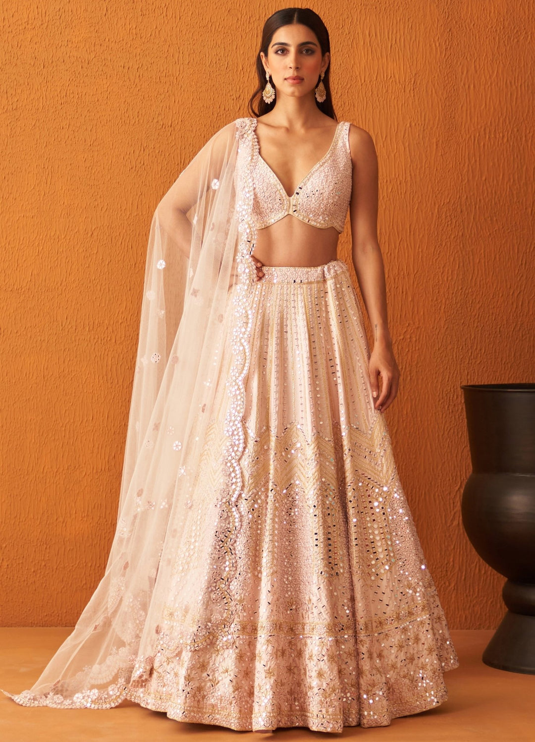 Soft Pink Embellished Raw Silk Lehenga With Net Dupatta Angad Singh - Fabilicious Fashion
