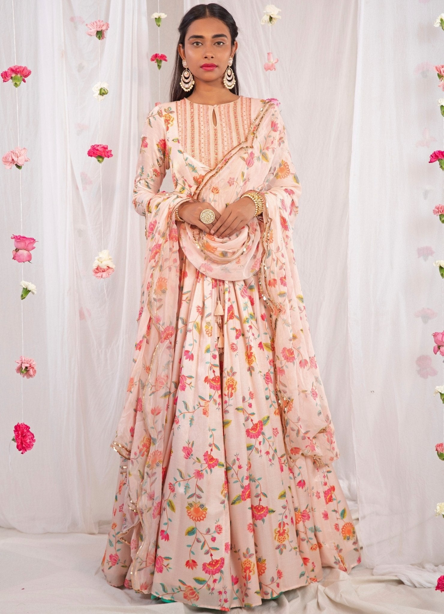 Soft pink printed jacket anarkali — anarkali for wedding guests