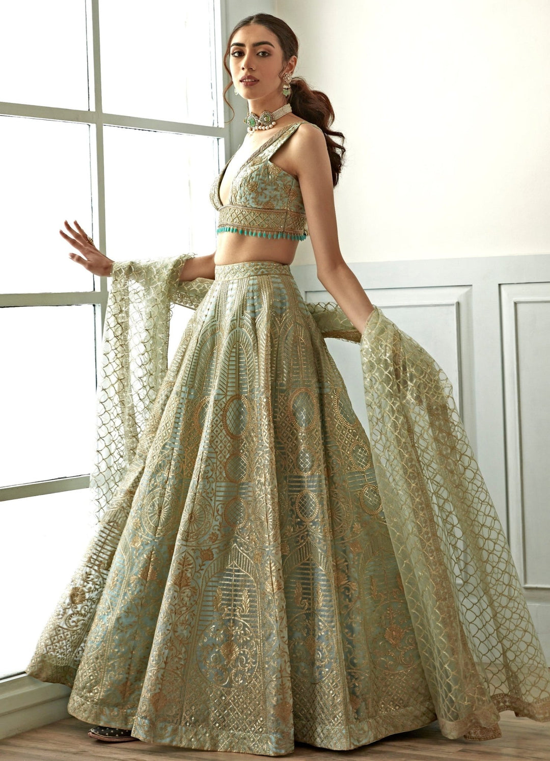 Soulful Sky Blue and Gold Sequenced Lehenga Set Studio Iris - Fabilicious Fashion