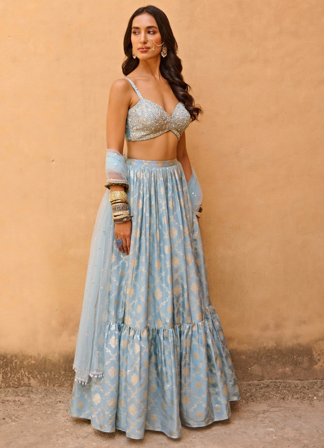 Sparkling Blue Jacquard and Raw Silk Embroidered Lehenga Set Chamee n Palak - Fabilicious Fashion